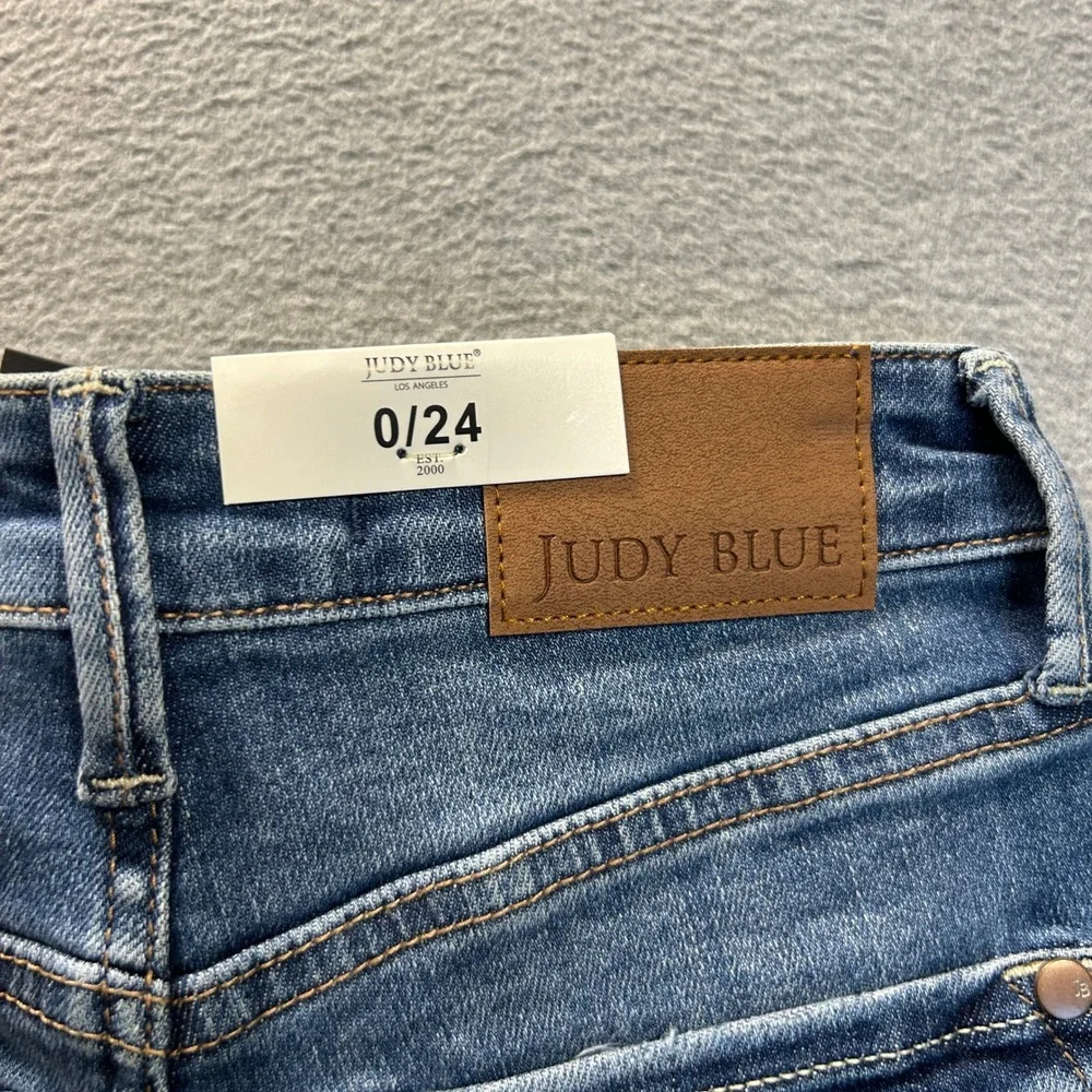 Judy BlueWide Leg Jeans Womens 0/24 HighRise Tummy Control Blue Denim Distressed
